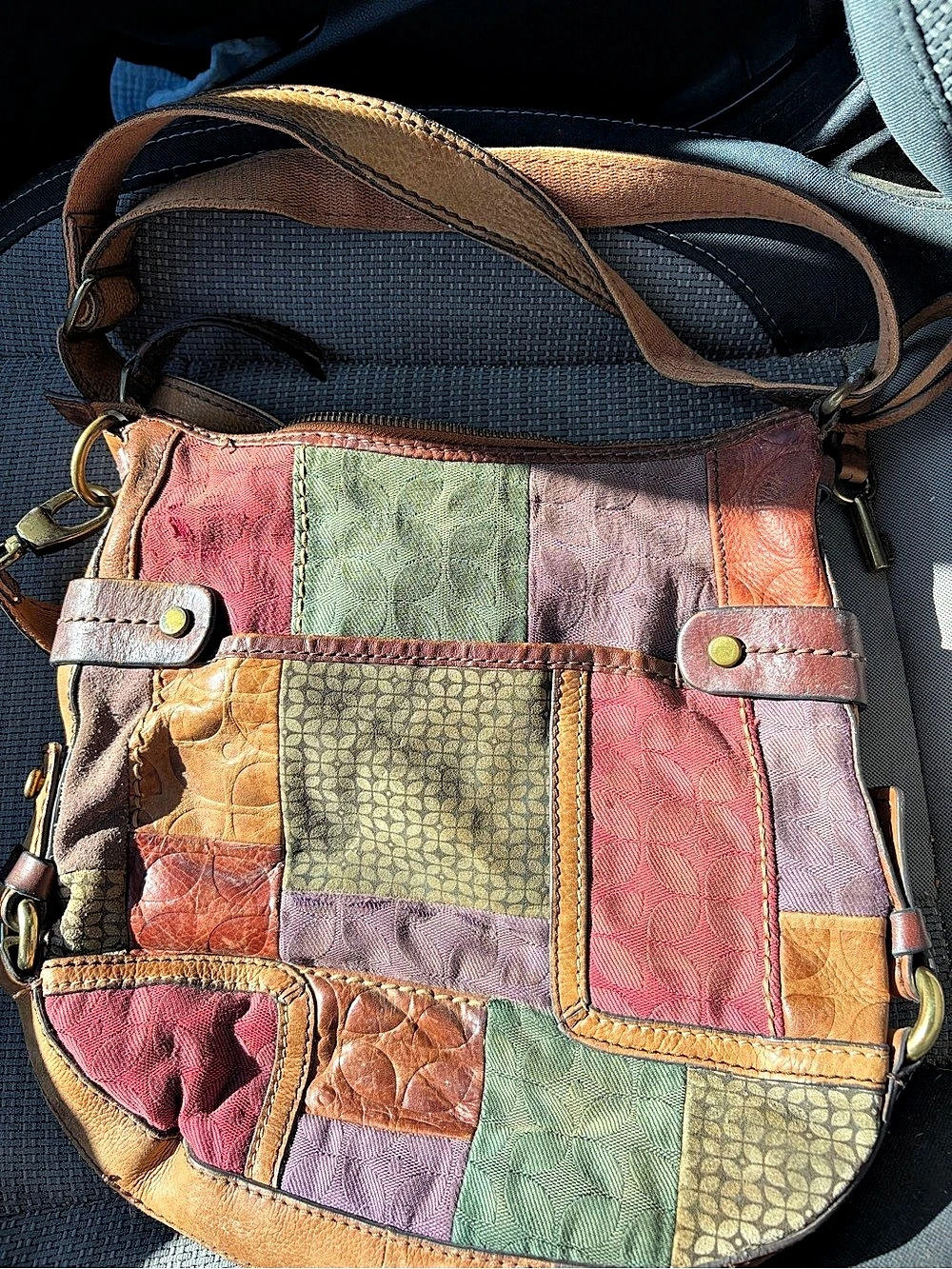 Rare Y2K Fossil Patchwork Crossbody Bag in Multi & Brown
